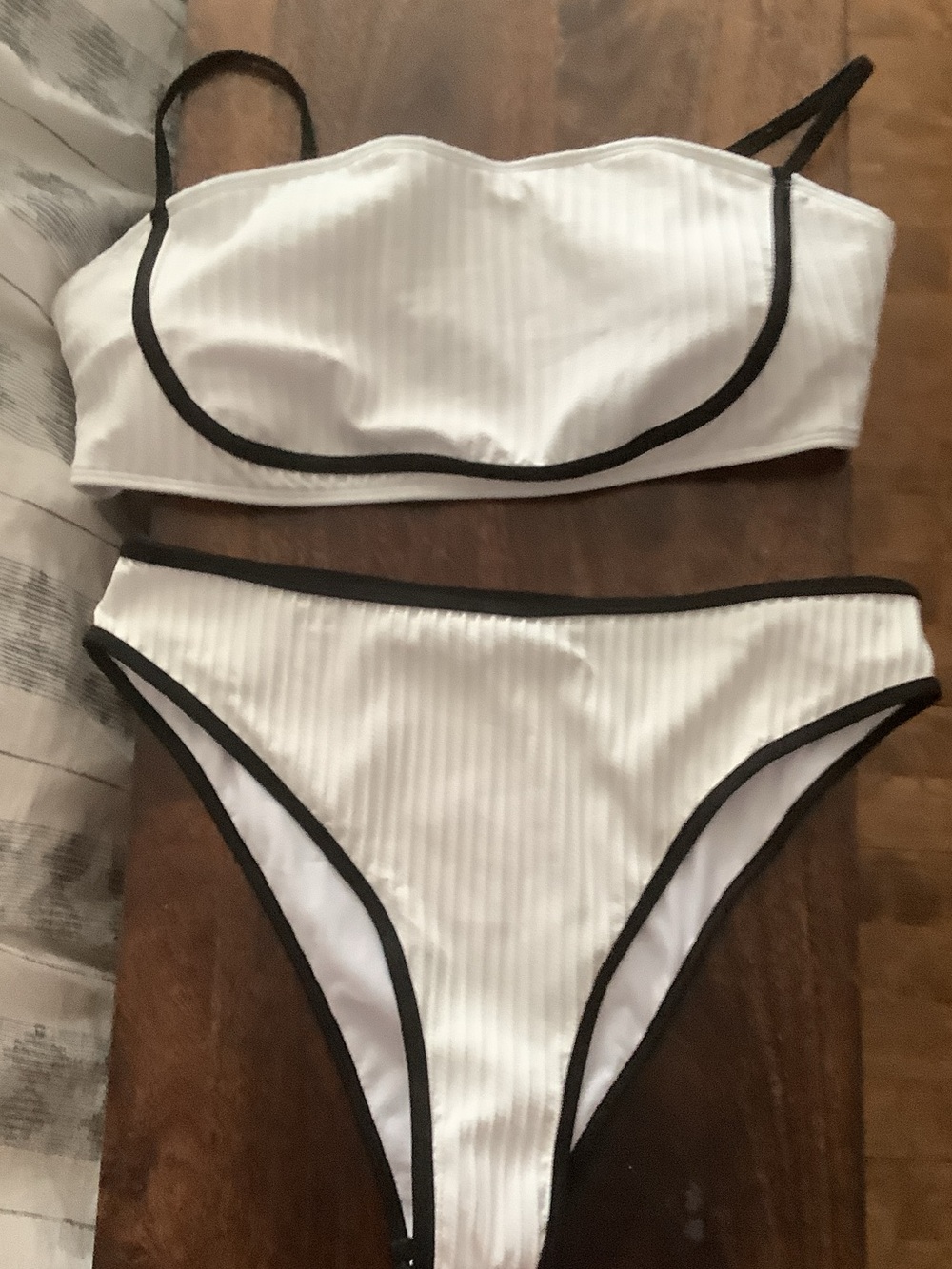 NWT White Ribbed Bikini with Black Trim in plastic bag